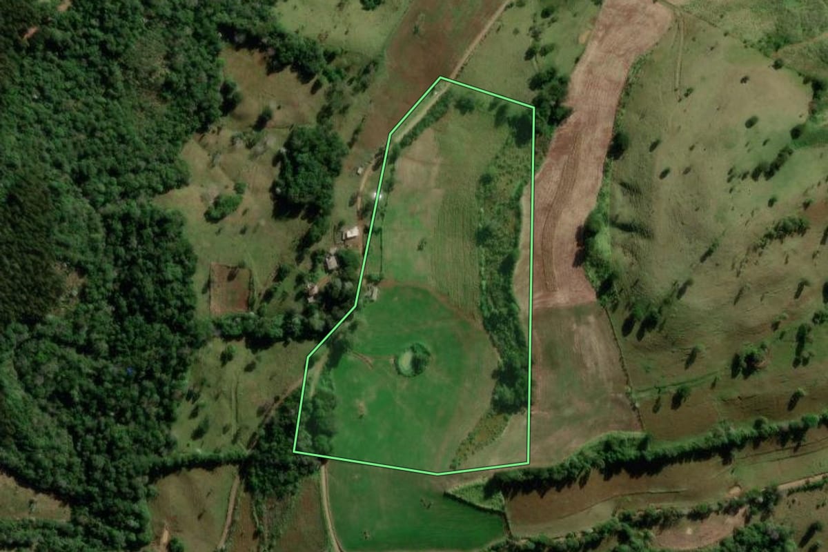 Imagem de satélite do imóvel rural em Manfrinópolis (PR), com o contorno declarado no CAR desenhado por cima.