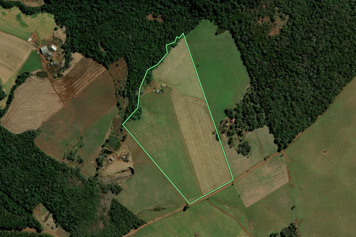 Imagem de satélite do imóvel rural em Mangueirinha (PR), com o contorno declarado no CAR desenhado por cima.