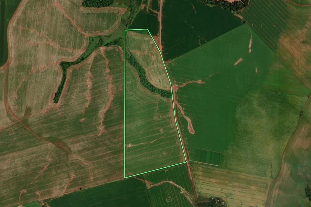 Imagem de satélite do imóvel rural em Mangueirinha (PR), com o contorno declarado no CAR desenhado por cima.