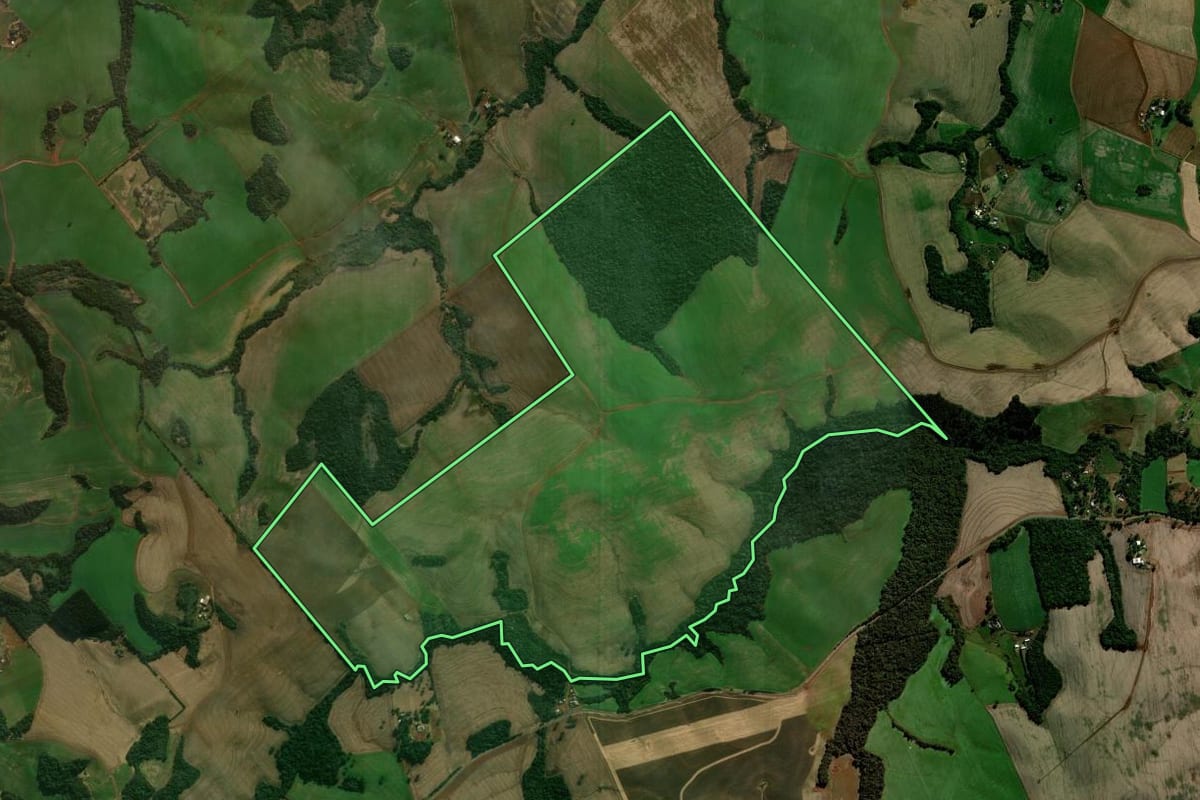 Imagem de satélite do imóvel rural em Mangueirinha (PR), com o contorno declarado no CAR desenhado por cima.
