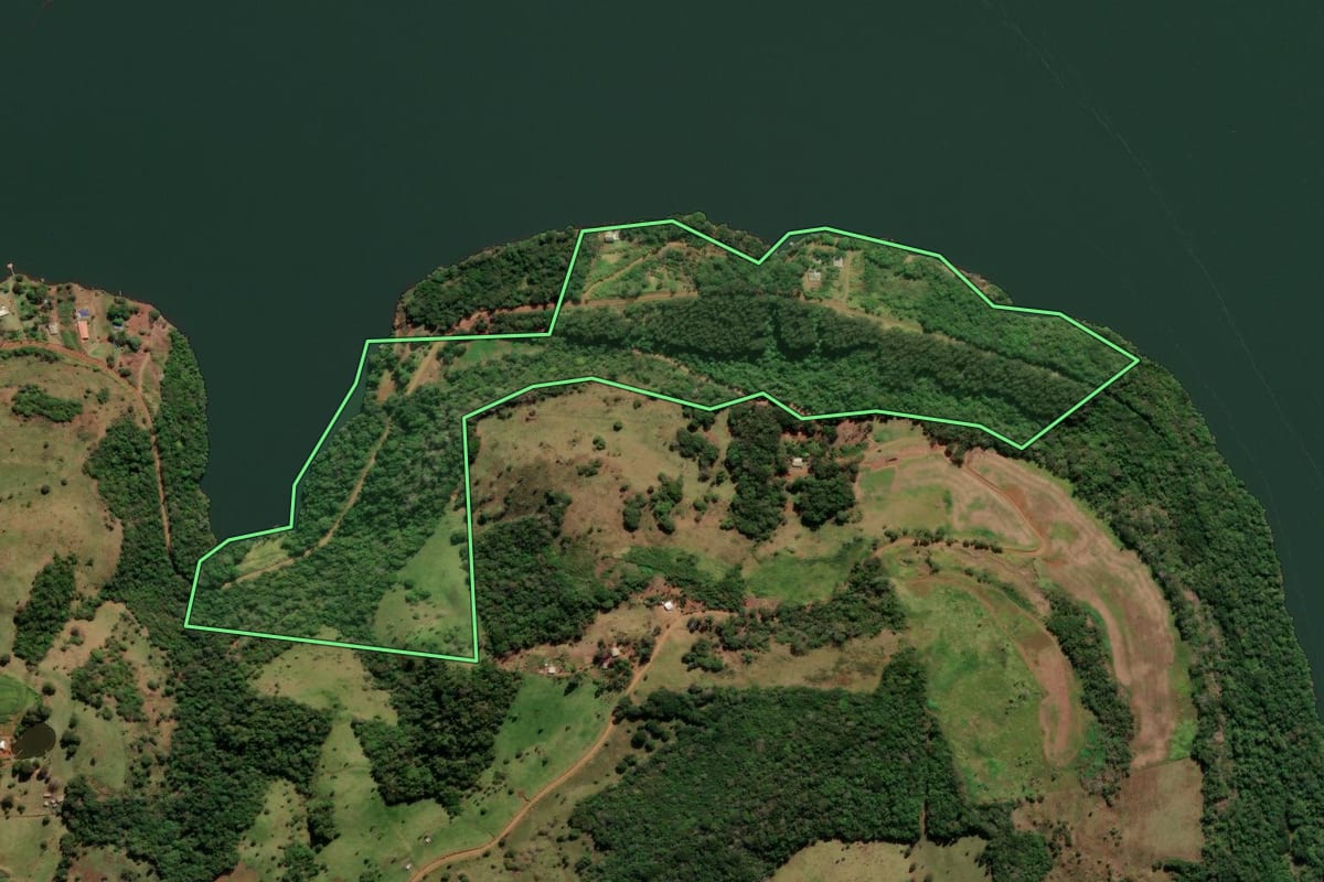 Imagem de satélite do imóvel rural em Mangueirinha (PR), com o contorno declarado no CAR desenhado por cima.