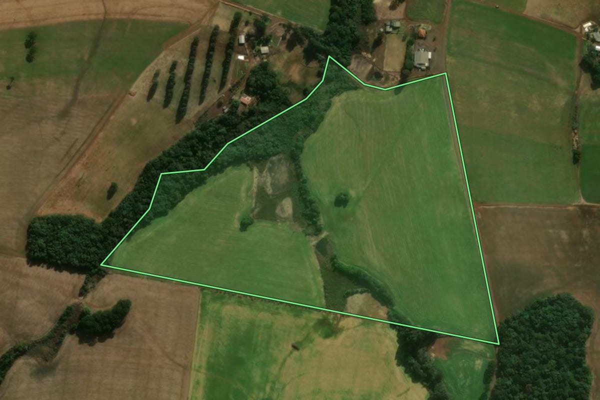 Imagem de satélite do imóvel rural em Mangueirinha (PR), com o contorno declarado no CAR desenhado por cima.