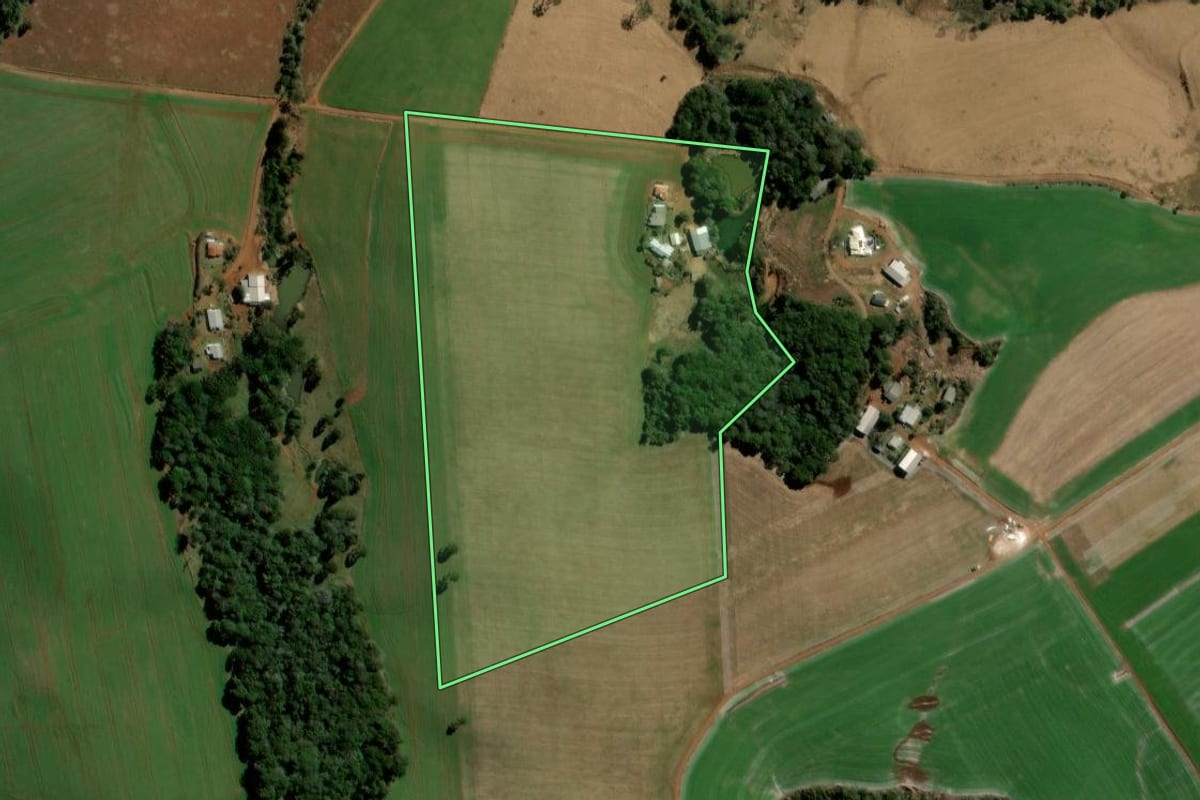 Imagem de satélite do imóvel rural em Mangueirinha (PR), com o contorno declarado no CAR desenhado por cima.
