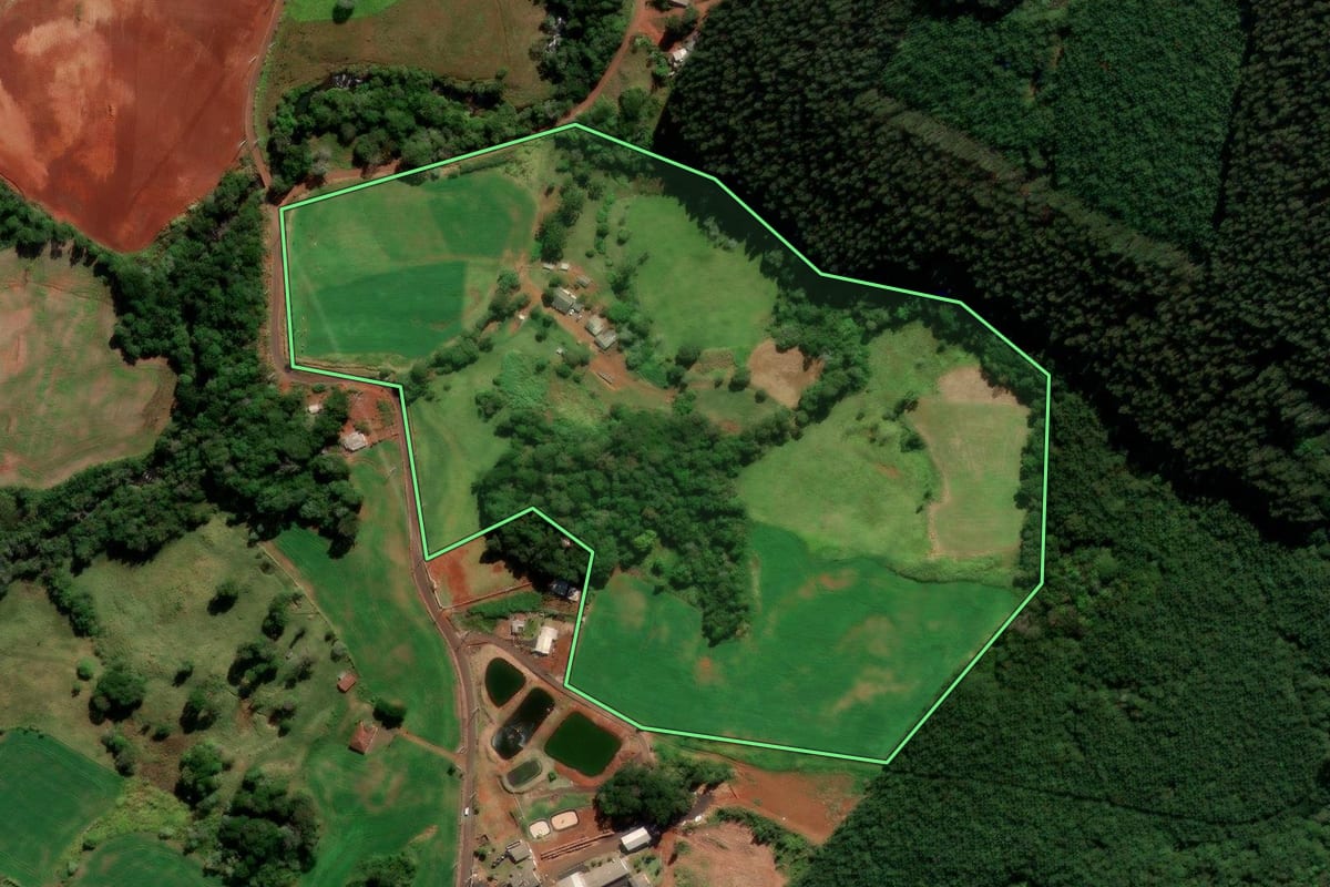 Imagem de satélite do imóvel rural em Mangueirinha (PR), com o contorno declarado no CAR desenhado por cima.