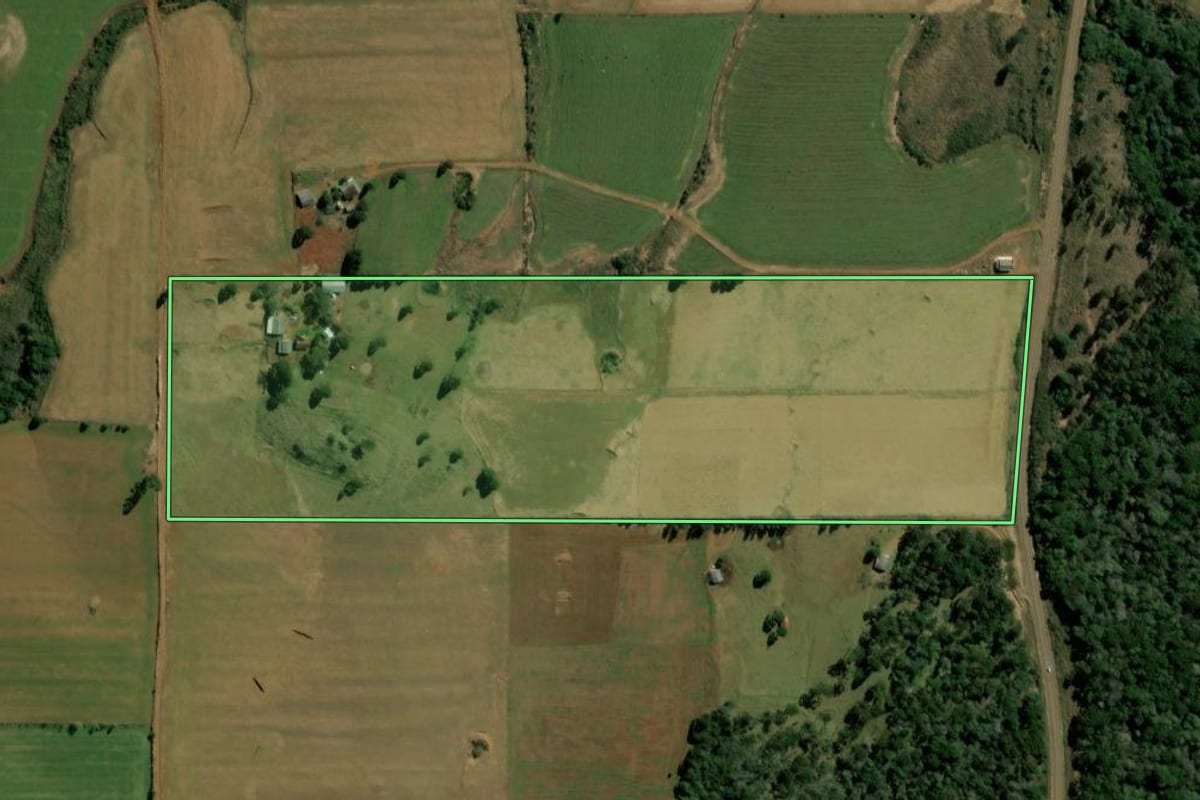 Imagem de satélite do imóvel rural em Mangueirinha (PR), com o contorno declarado no CAR desenhado por cima.