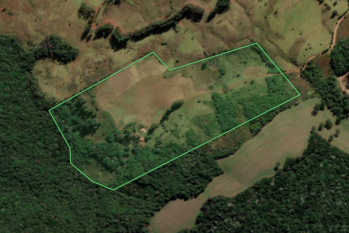 Imagem de satélite do imóvel rural em Mangueirinha (PR), com o contorno declarado no CAR desenhado por cima.