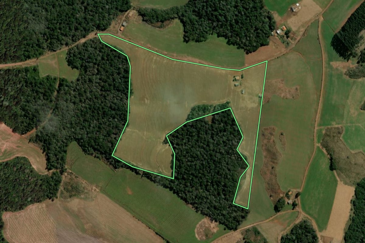 Imagem de satélite do imóvel rural em Mangueirinha (PR), com o contorno declarado no CAR desenhado por cima.