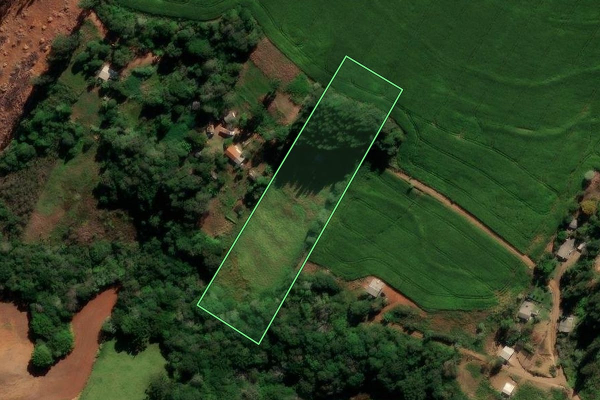 Imagem de satélite do imóvel rural em Mangueirinha (PR), com o contorno declarado no CAR desenhado por cima.