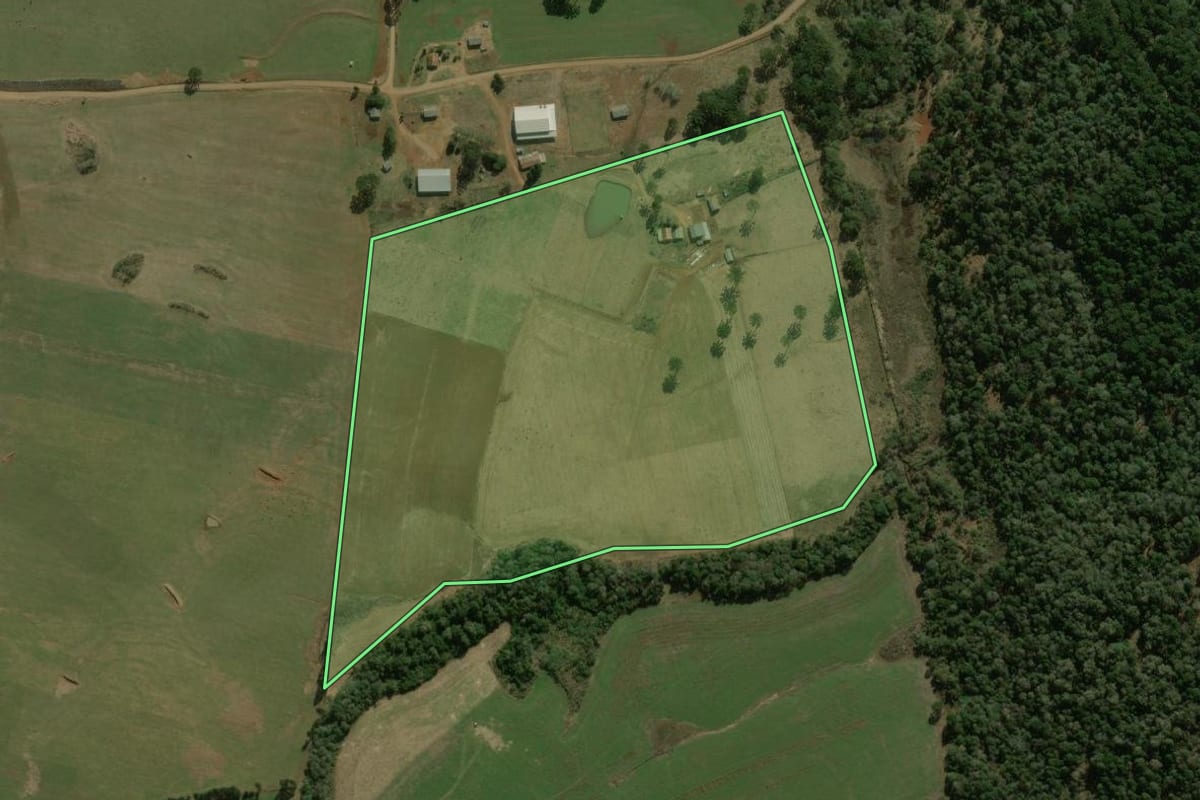 Imagem de satélite do imóvel rural em Mangueirinha (PR), com o contorno declarado no CAR desenhado por cima.