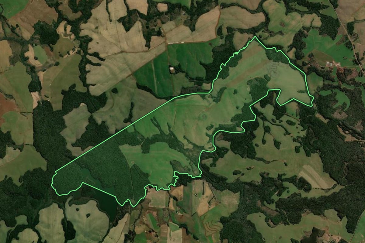 Imagem de satélite do imóvel rural em Mangueirinha (PR), com o contorno declarado no CAR desenhado por cima.