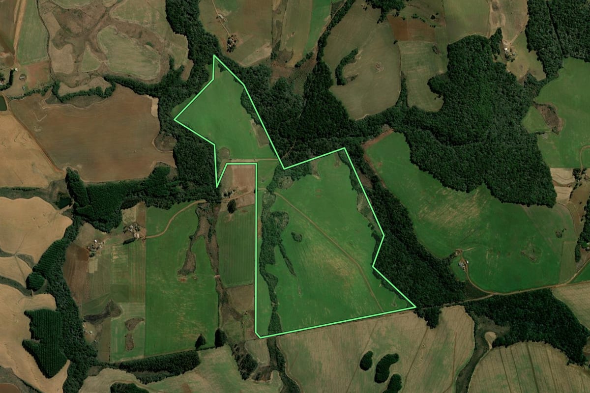 Imagem de satélite do imóvel rural em Mangueirinha (PR), com o contorno declarado no CAR desenhado por cima.
