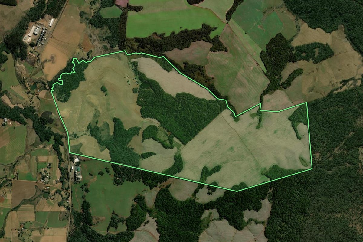 Imagem de satélite do imóvel rural em Mangueirinha (PR), com o contorno declarado no CAR desenhado por cima.