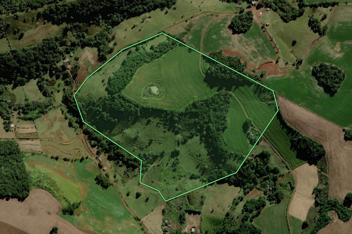 Imagem de satélite do imóvel rural em Mangueirinha (PR), com o contorno declarado no CAR desenhado por cima.