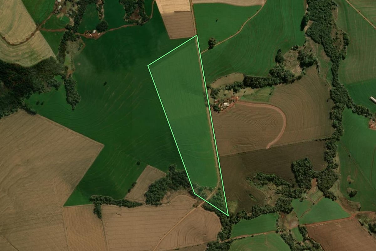 Imagem de satélite do imóvel rural em Manoel Ribas (PR), com o contorno declarado no CAR desenhado por cima.