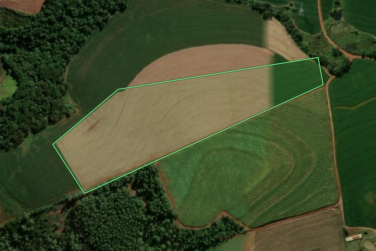 Imagem de satélite do imóvel rural em Manoel Ribas (PR), com o contorno declarado no CAR desenhado por cima.