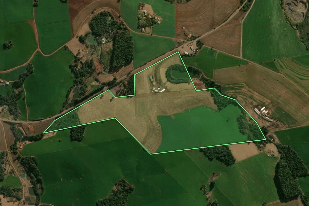 Imagem de satélite do imóvel rural em Manoel Ribas (PR), com o contorno declarado no CAR desenhado por cima.