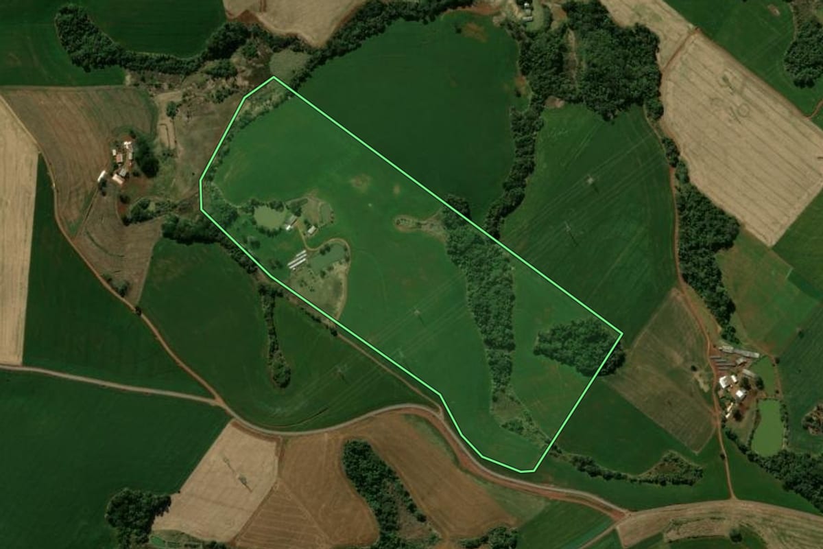 Imagem de satélite do imóvel rural em Manoel Ribas (PR), com o contorno declarado no CAR desenhado por cima.