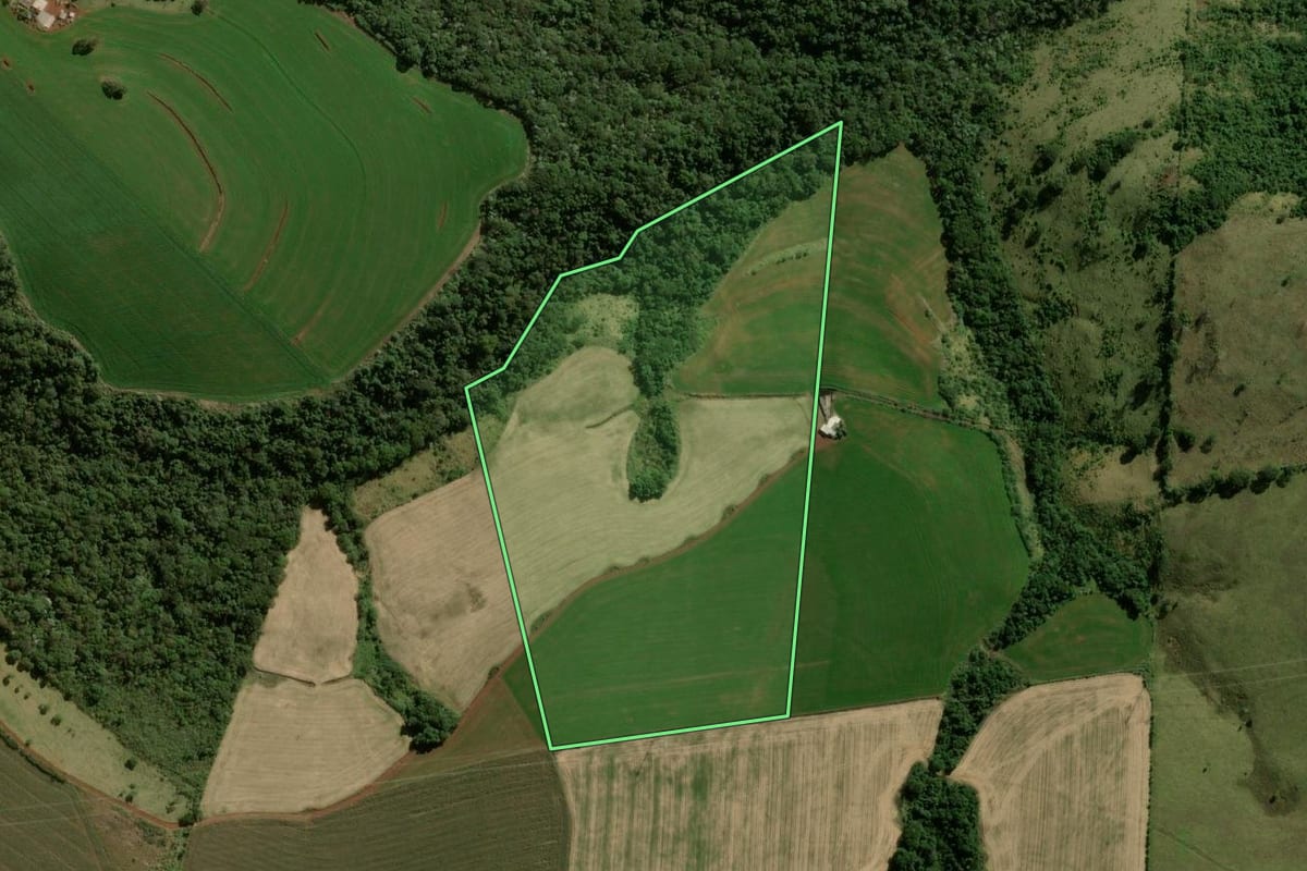 Imagem de satélite do imóvel rural em Manoel Ribas (PR), com o contorno declarado no CAR desenhado por cima.