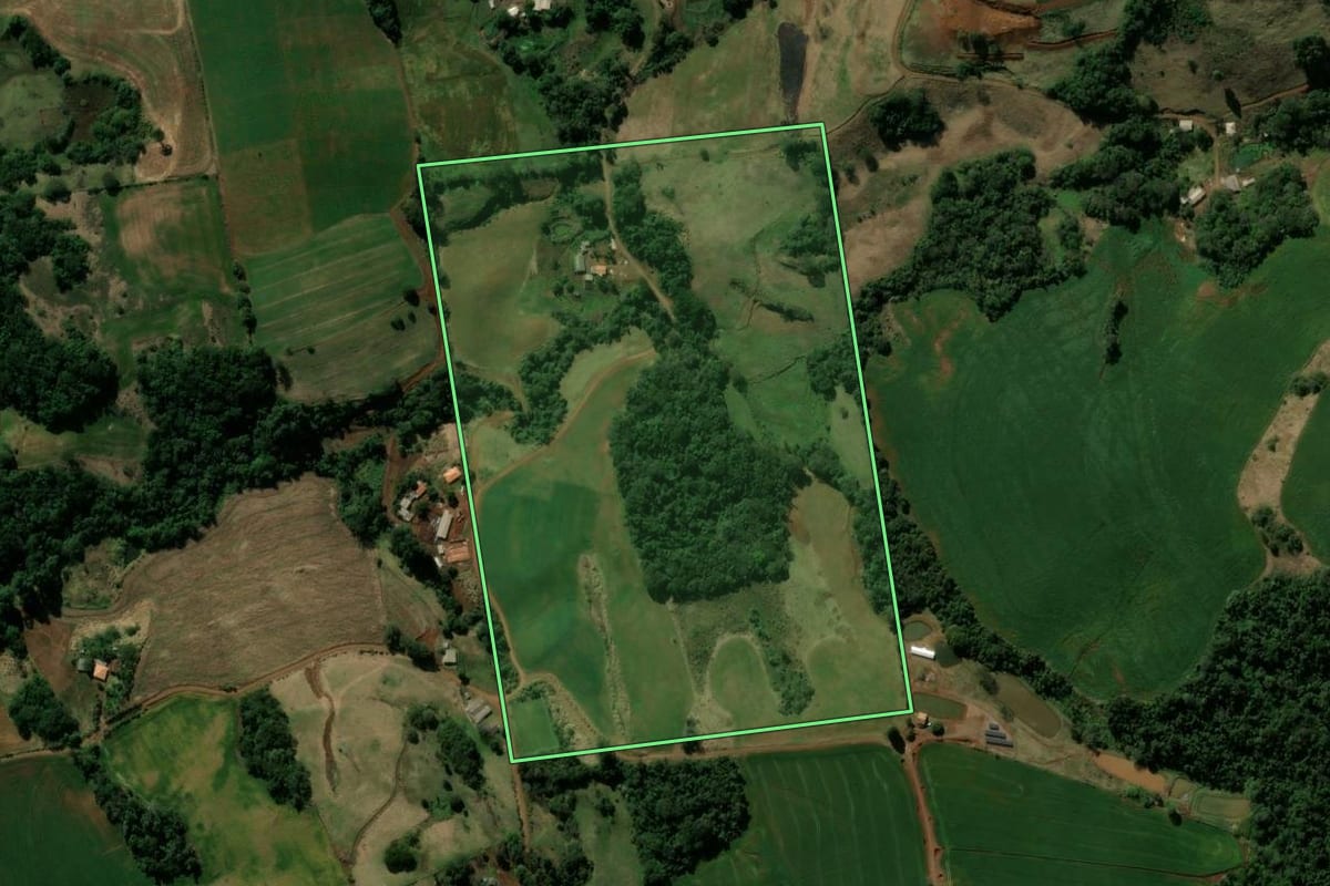 Imagem de satélite do imóvel rural em Manoel Ribas (PR), com o contorno declarado no CAR desenhado por cima.