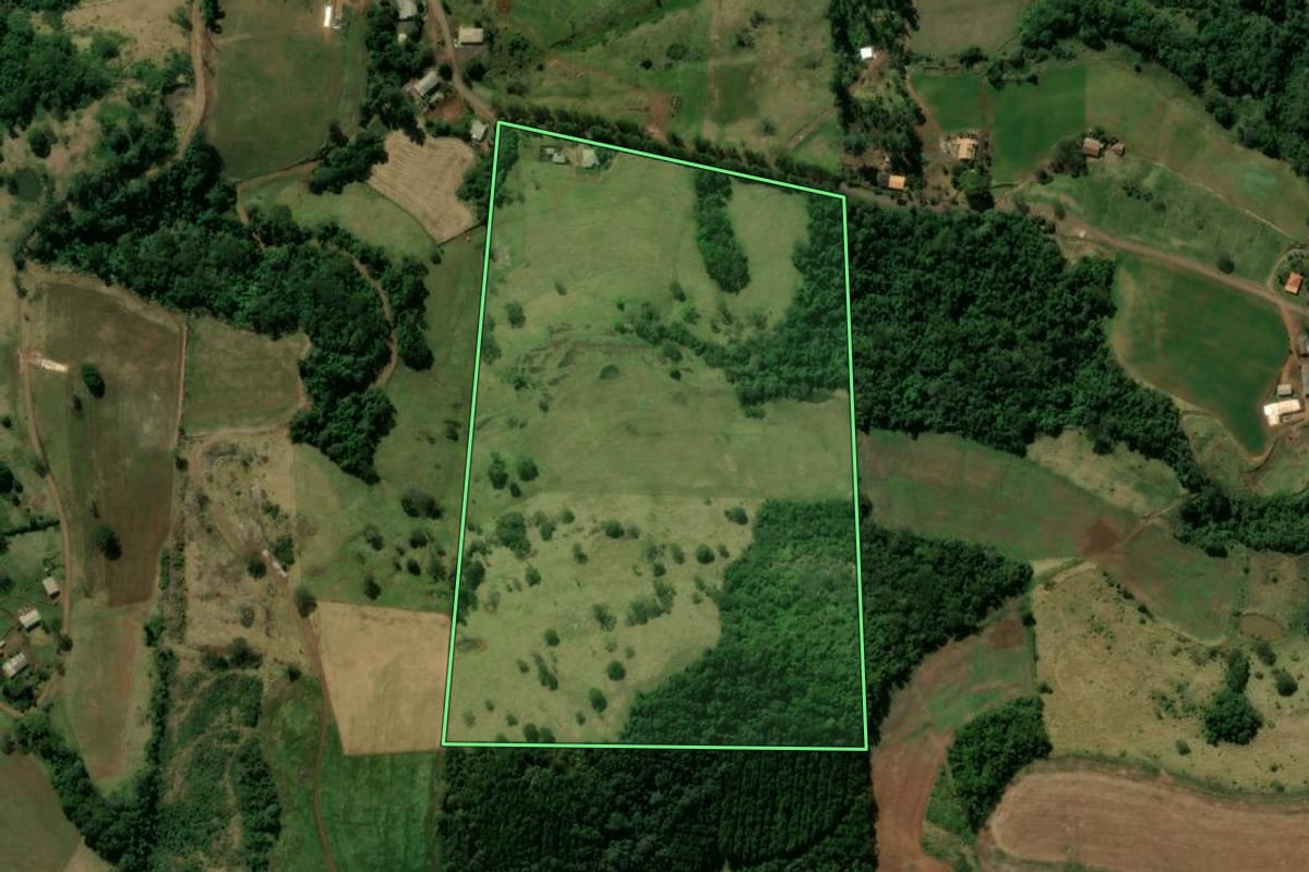 Imagem de satélite do imóvel rural em Manoel Ribas (PR), com o contorno declarado no CAR desenhado por cima.
