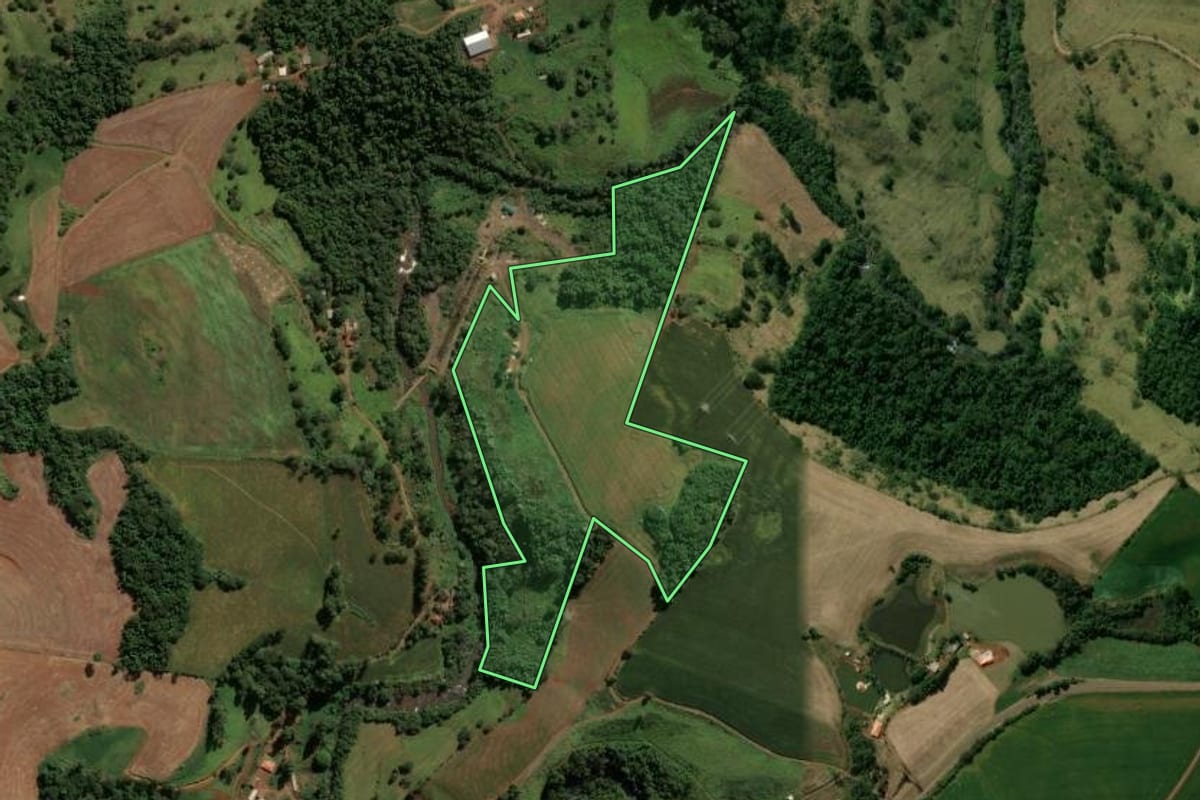 Imagem de satélite do imóvel rural em Manoel Ribas (PR), com o contorno declarado no CAR desenhado por cima.