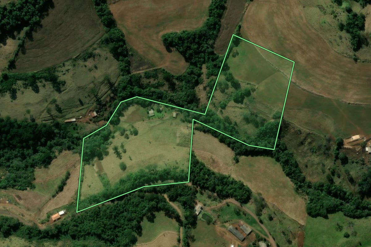 Imagem de satélite do imóvel rural em Manoel Ribas (PR), com o contorno declarado no CAR desenhado por cima.