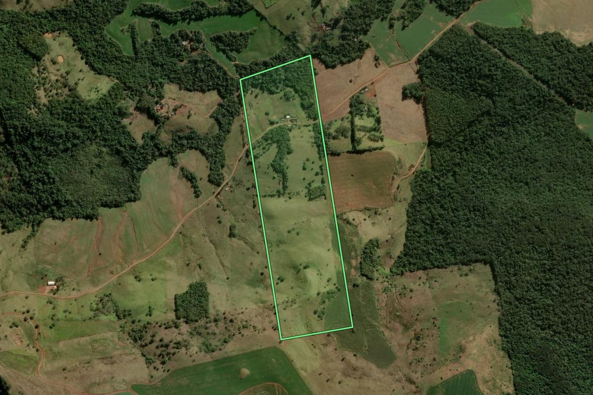 Imagem de satélite do imóvel rural em Manoel Ribas (PR), com o contorno declarado no CAR desenhado por cima.