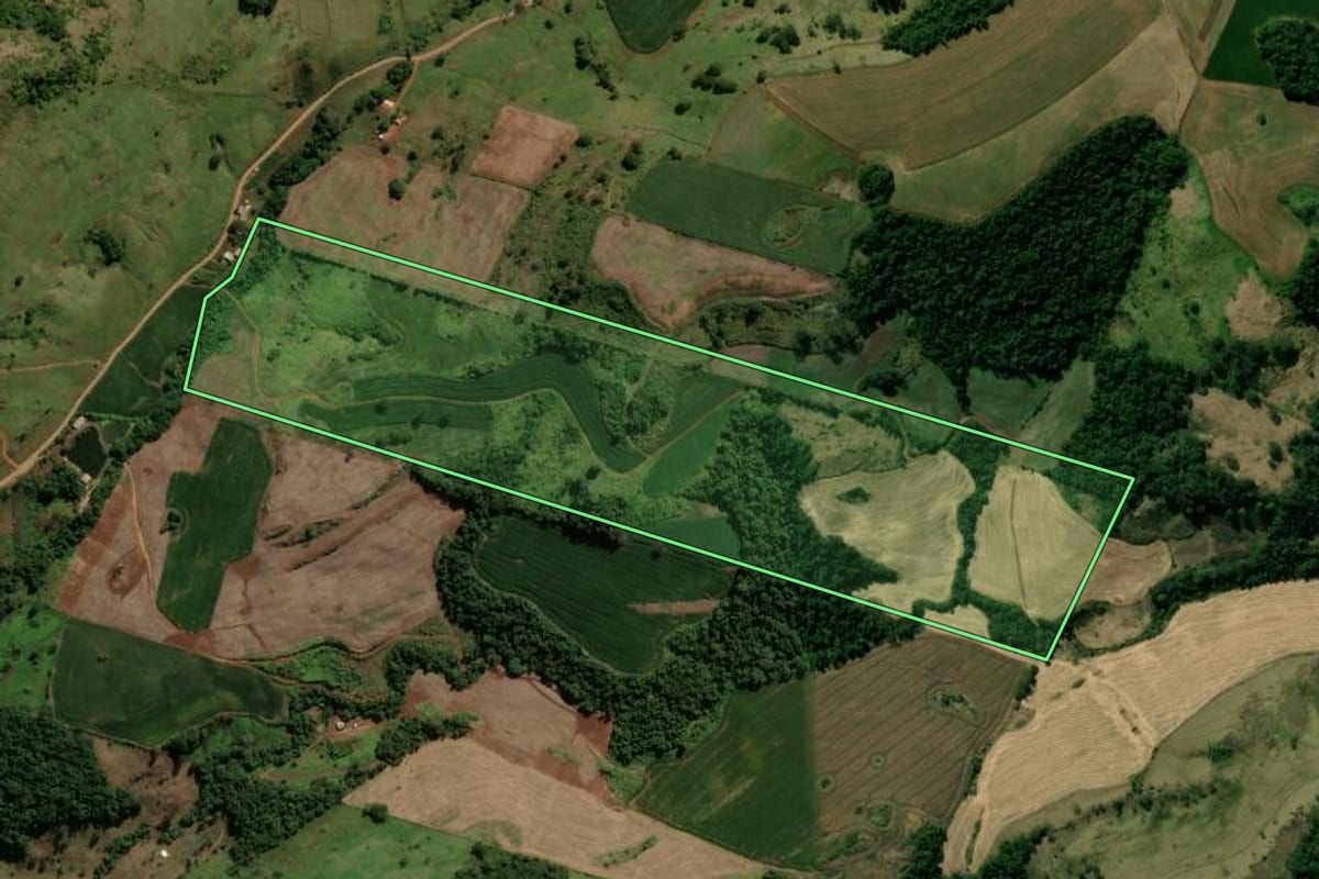 Imagem de satélite do imóvel rural em Manoel Ribas (PR), com o contorno declarado no CAR desenhado por cima.