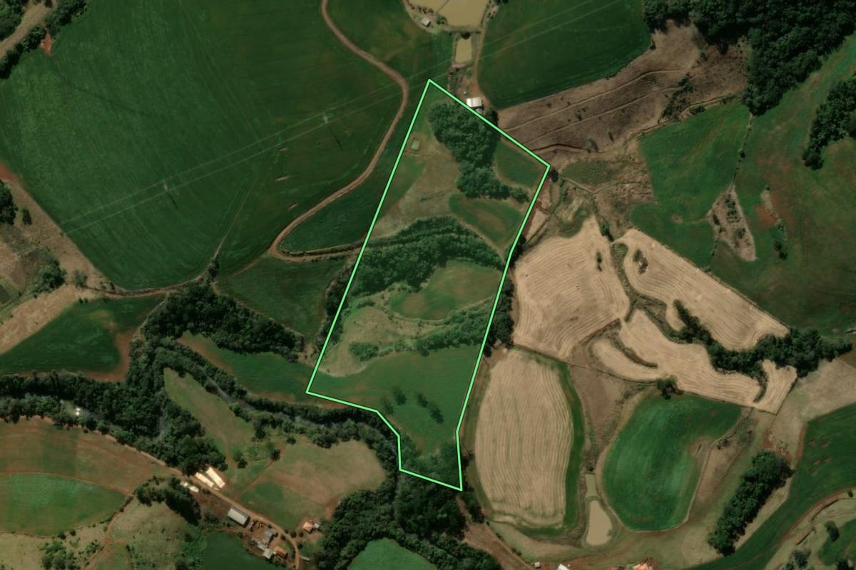 Imagem de satélite do imóvel rural em Manoel Ribas (PR), com o contorno declarado no CAR desenhado por cima.