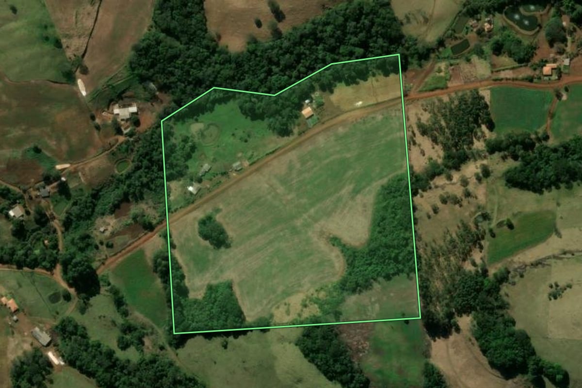 Imagem de satélite do imóvel rural em Manoel Ribas (PR), com o contorno declarado no CAR desenhado por cima.