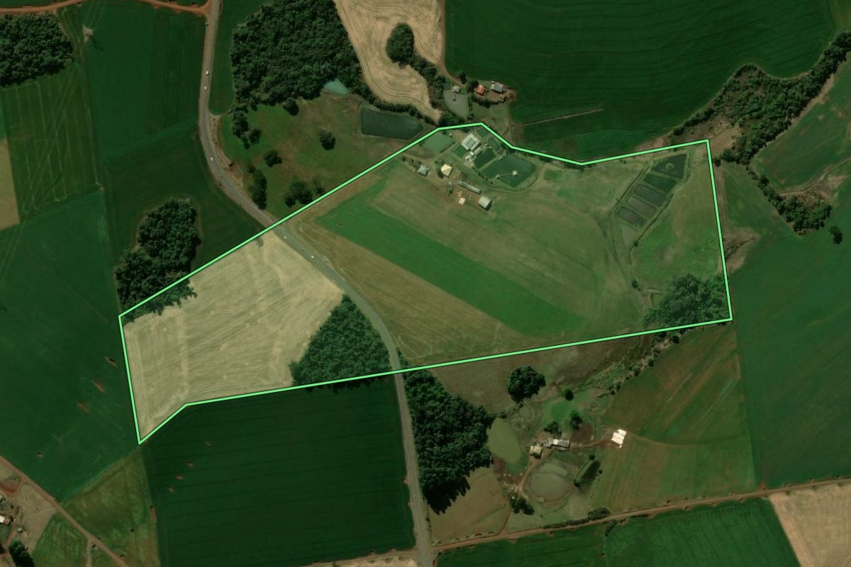 Imagem de satélite do imóvel rural em Manoel Ribas (PR), com o contorno declarado no CAR desenhado por cima.
