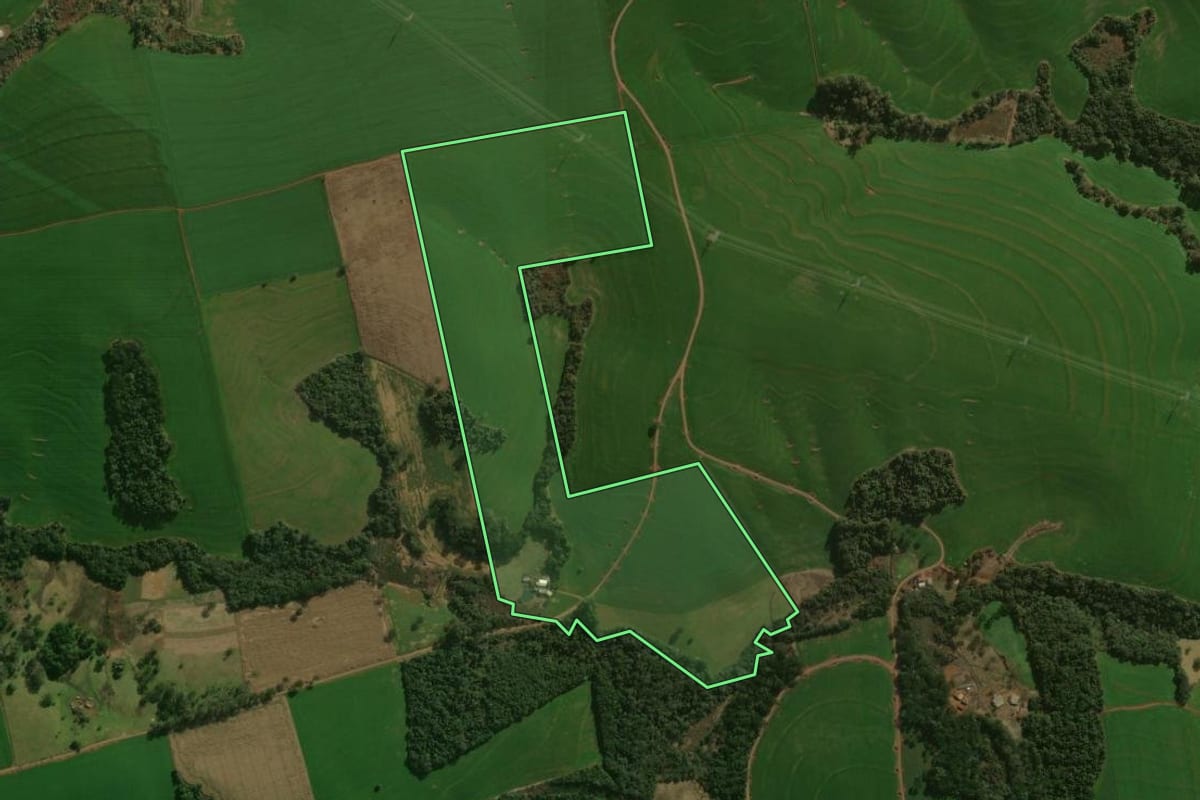 Imagem de satélite do imóvel rural em Manoel Ribas (PR), com o contorno declarado no CAR desenhado por cima.