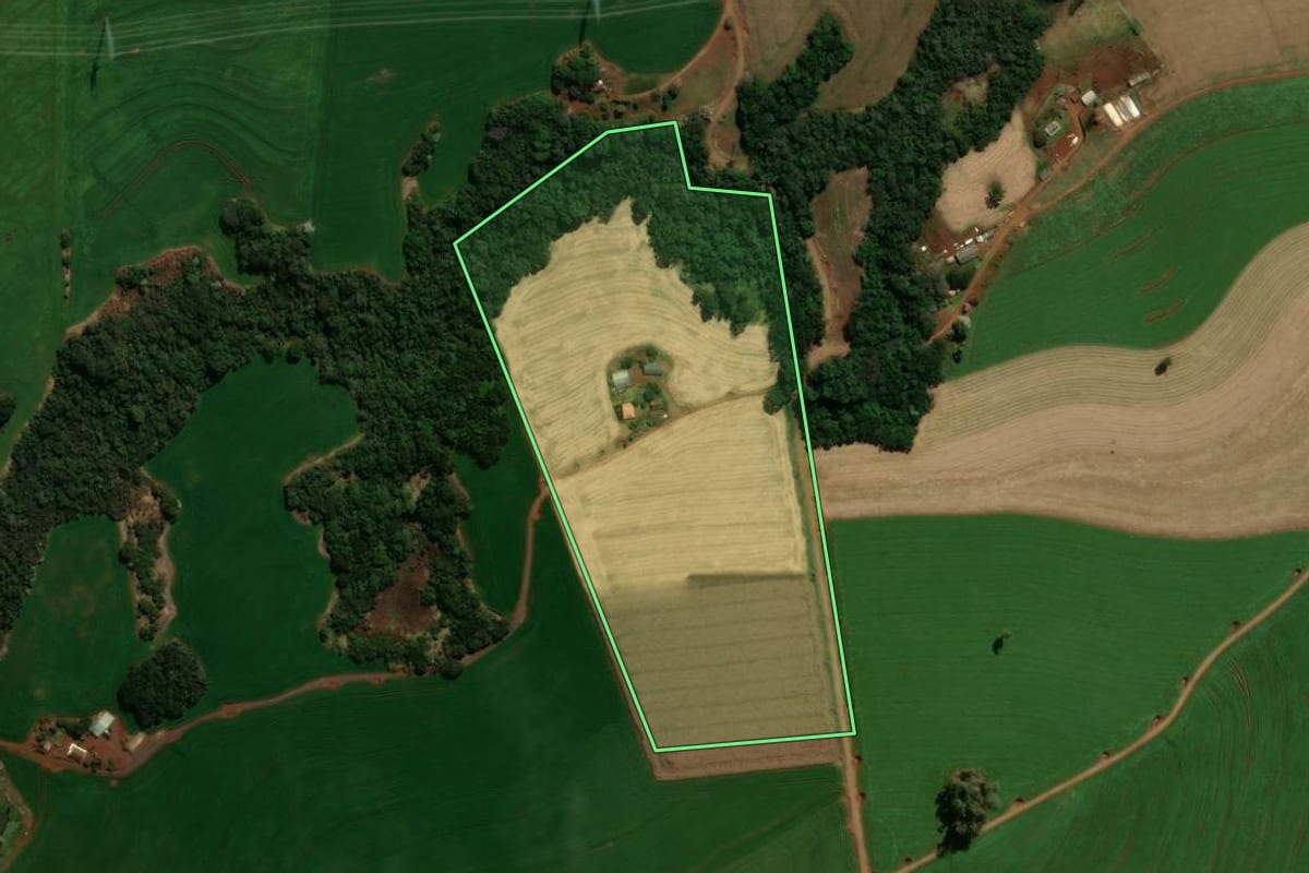 Imagem de satélite do imóvel rural em Manoel Ribas (PR), com o contorno declarado no CAR desenhado por cima.