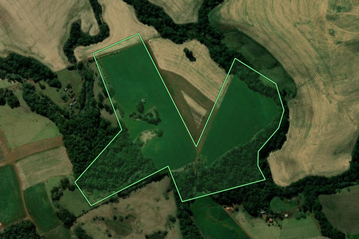 Imagem de satélite do imóvel rural em Manoel Ribas (PR), com o contorno declarado no CAR desenhado por cima.