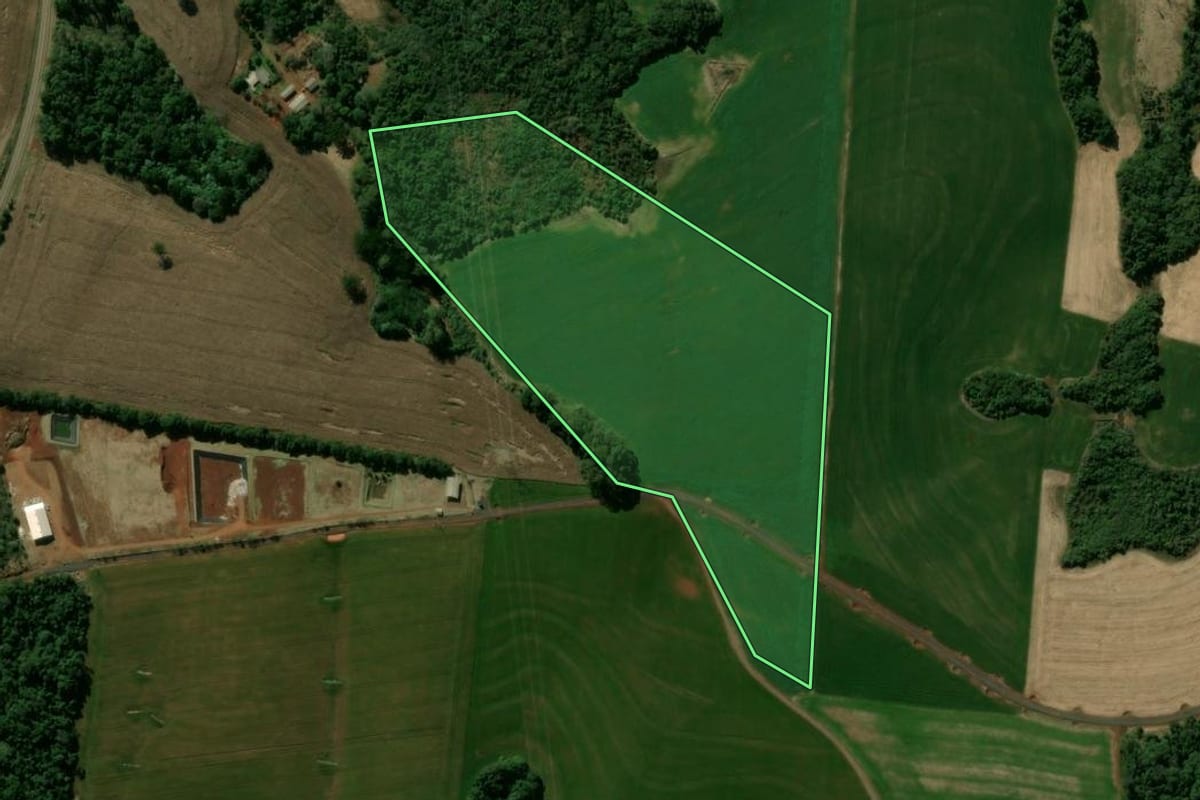 Imagem de satélite do imóvel rural em Manoel Ribas (PR), com o contorno declarado no CAR desenhado por cima.