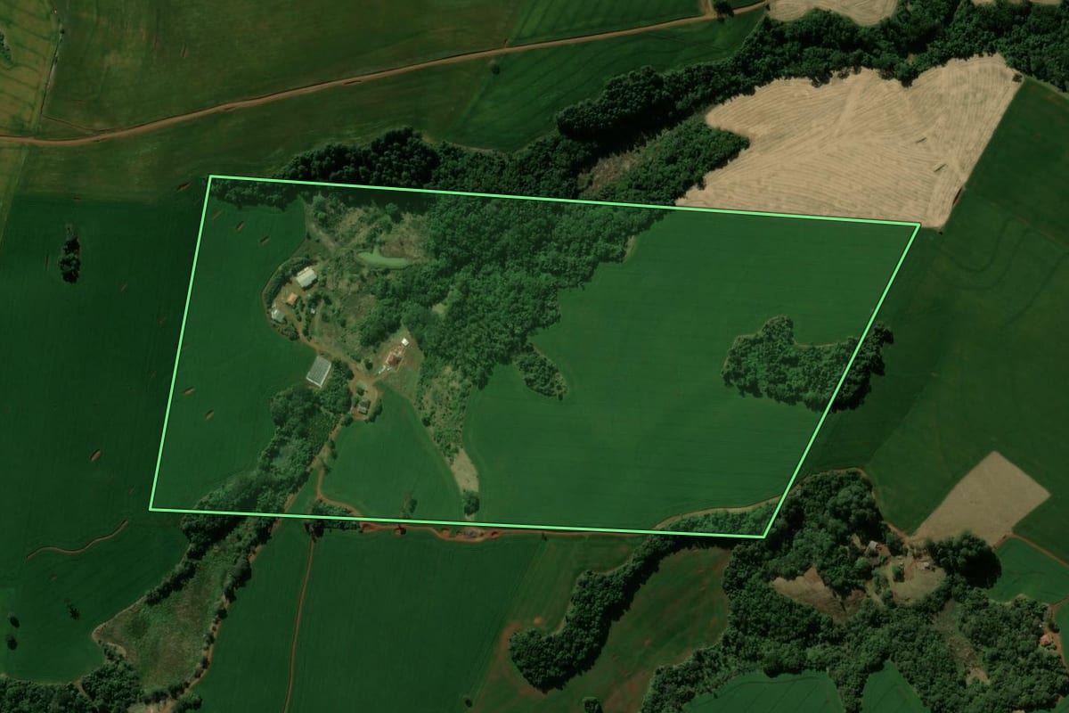 Imagem de satélite do imóvel rural em Manoel Ribas (PR), com o contorno declarado no CAR desenhado por cima.