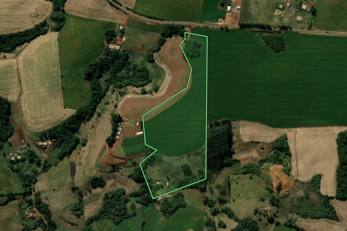 Imagem de satélite do imóvel rural em Manoel Ribas (PR), com o contorno declarado no CAR desenhado por cima.