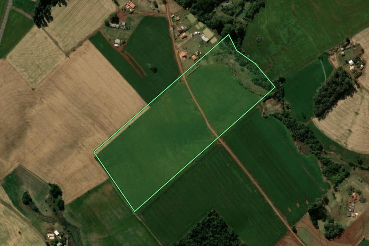 Imagem de satélite do imóvel rural em Manoel Ribas (PR), com o contorno declarado no CAR desenhado por cima.