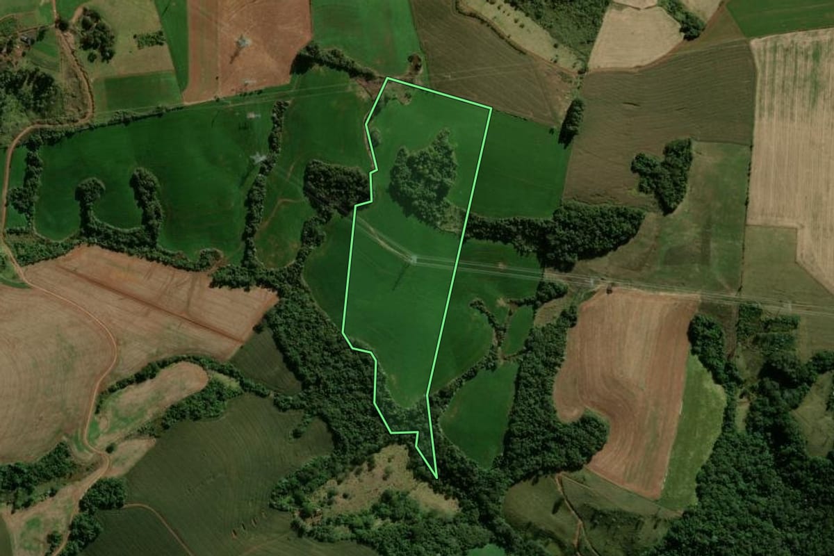 Imagem de satélite do imóvel rural em Manoel Ribas (PR), com o contorno declarado no CAR desenhado por cima.