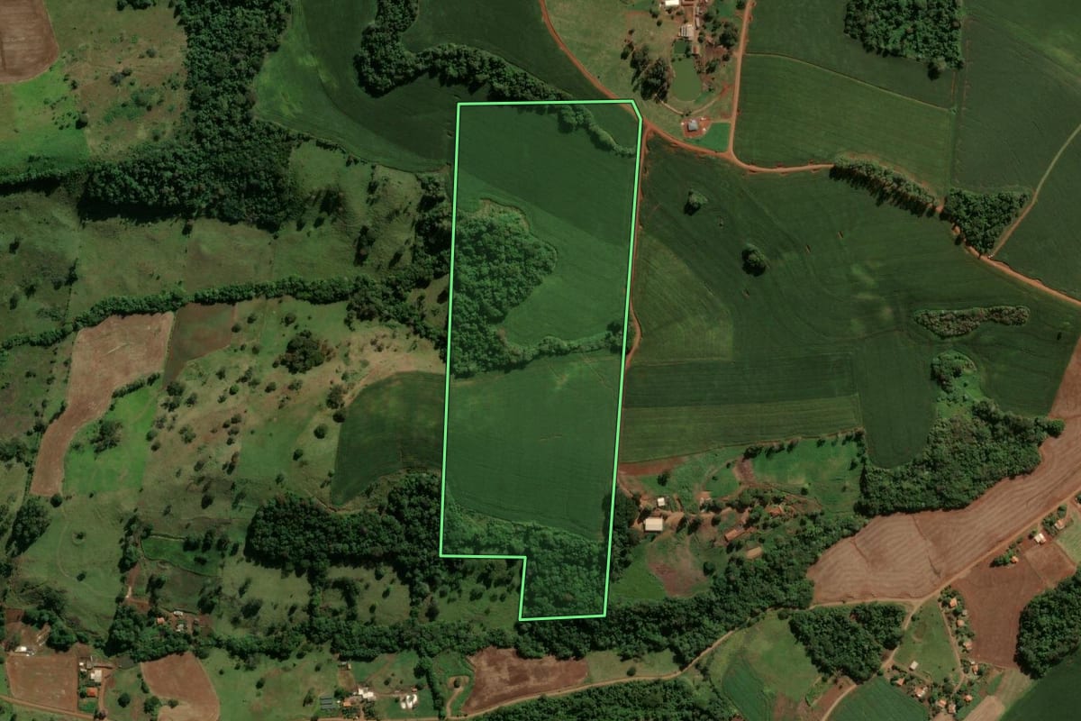 Imagem de satélite do imóvel rural em Manoel Ribas (PR), com o contorno declarado no CAR desenhado por cima.
