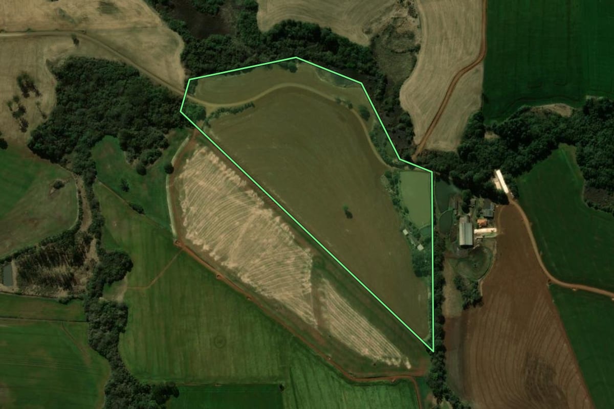 Imagem de satélite do imóvel rural em Manoel Ribas (PR), com o contorno declarado no CAR desenhado por cima.