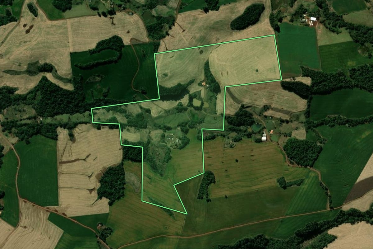 Imagem de satélite do imóvel rural em Manoel Ribas (PR), com o contorno declarado no CAR desenhado por cima.
