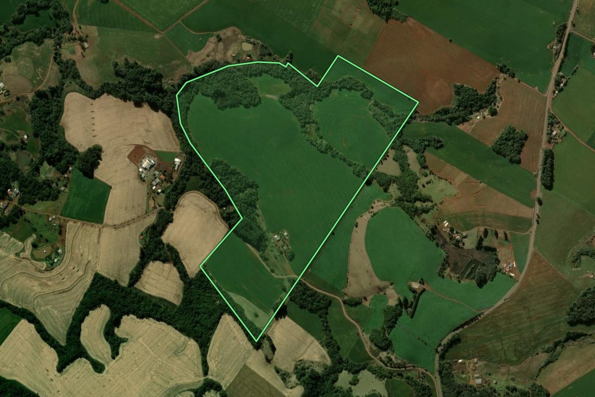 Imagem de satélite do imóvel rural em Manoel Ribas (PR), com o contorno declarado no CAR desenhado por cima.