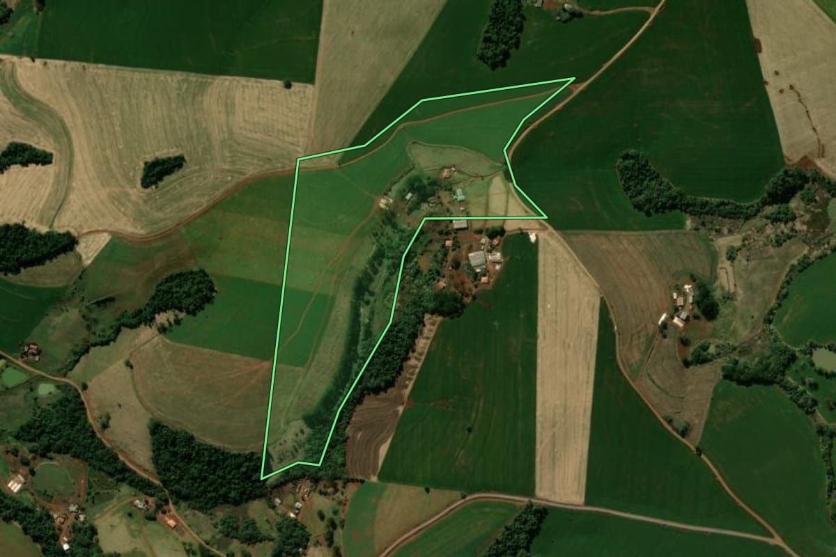 Imagem de satélite do imóvel rural em Manoel Ribas (PR), com o contorno declarado no CAR desenhado por cima.