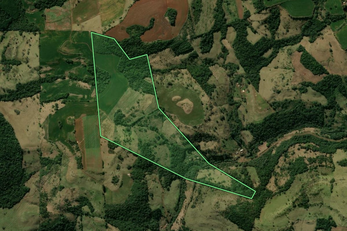 Imagem de satélite do imóvel rural em Manoel Ribas (PR), com o contorno declarado no CAR desenhado por cima.