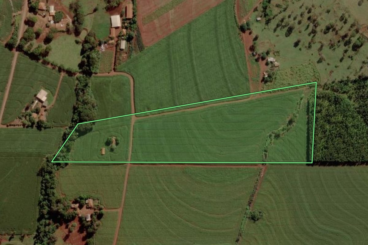 Imagem de satélite do imóvel rural em Marechal Cândido Rondon (PR), com o contorno declarado no CAR desenhado por cima.