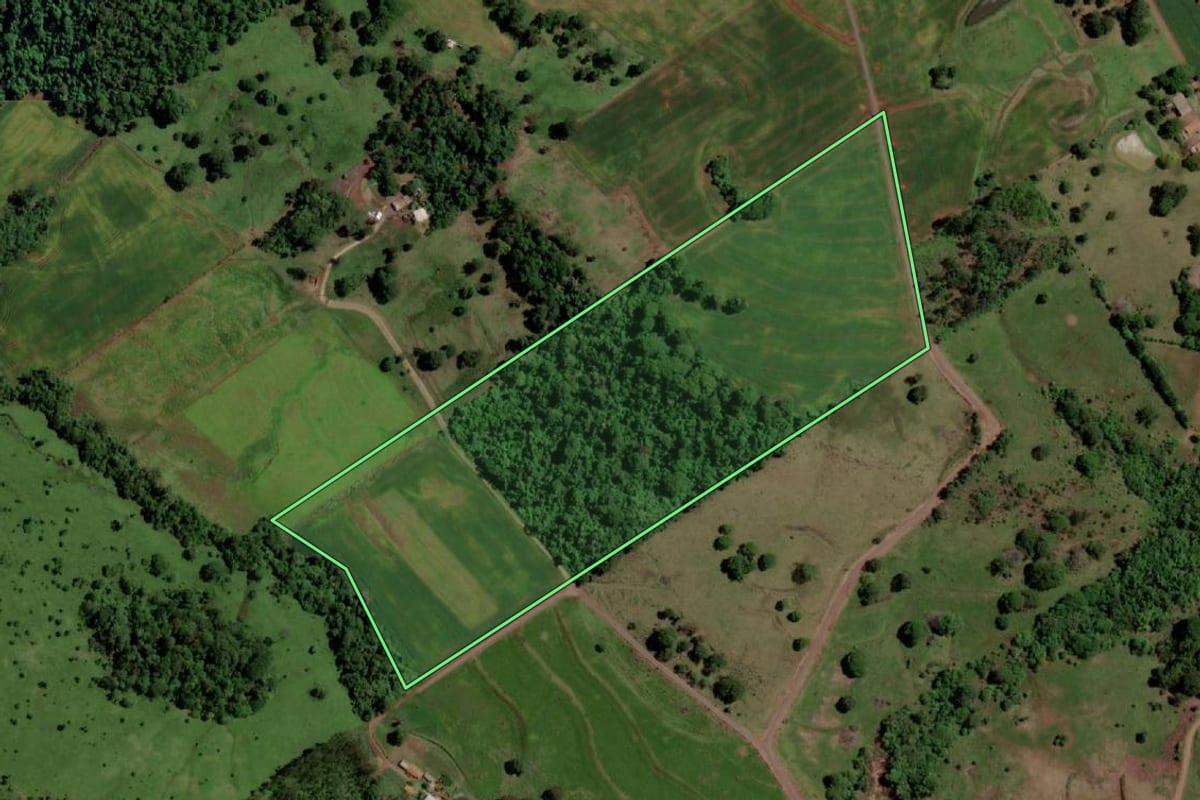 Imagem de satélite do imóvel rural em Marechal Cândido Rondon (PR), com o contorno declarado no CAR desenhado por cima.