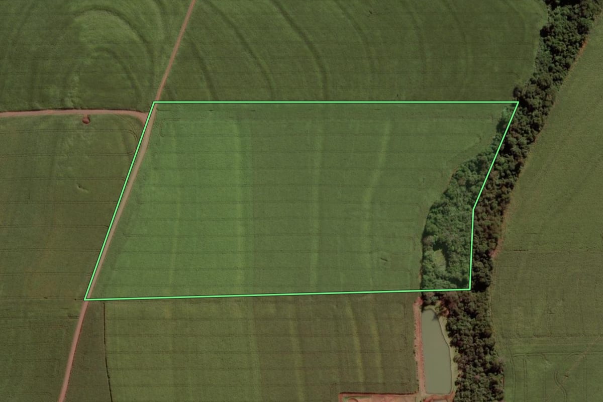 Imagem de satélite do imóvel rural em Marechal Cândido Rondon (PR), com o contorno declarado no CAR desenhado por cima.