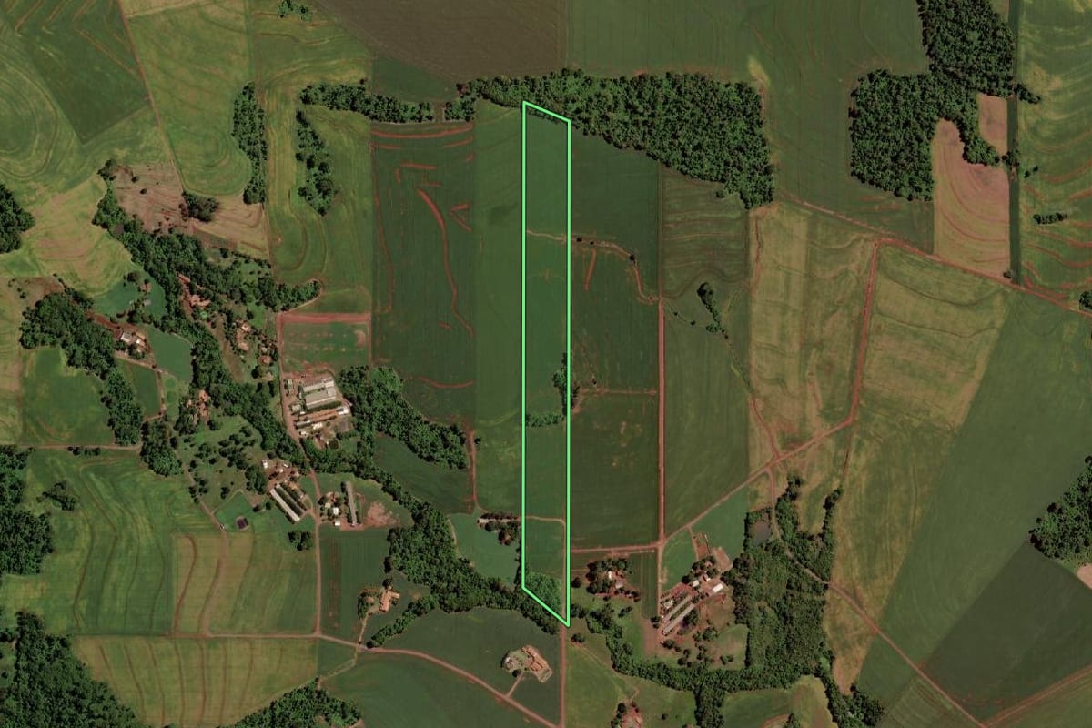 Imagem de satélite do imóvel rural em Marechal Cândido Rondon (PR), com o contorno declarado no CAR desenhado por cima.