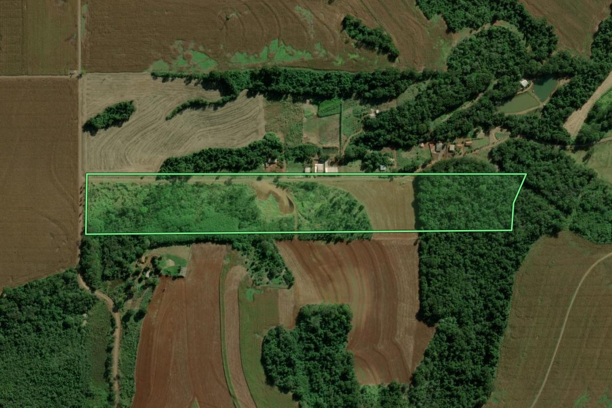 Imagem de satélite do imóvel rural em Marechal Cândido Rondon (PR), com o contorno declarado no CAR desenhado por cima.